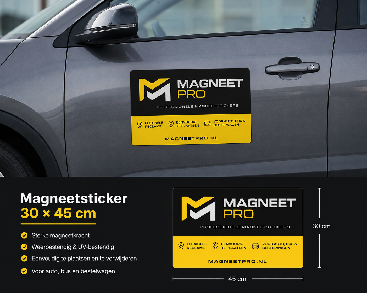 A yellow and black MAGNEET PRO magnetic sticker shown applied to the side of a gray car, with a smaller inset of the sticker design and Dutch text highlighting 30 x 45 cm size and product benefits.